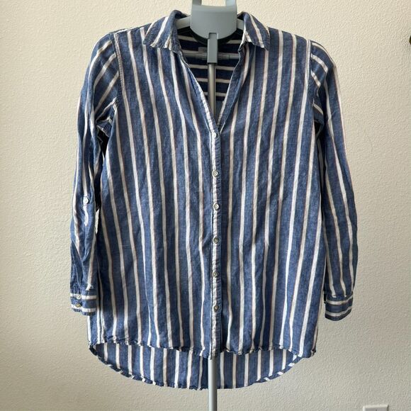 Sigrid Olsen Blouse Top Small Linen Cotton Blue Striped Button Costal Lagenlook - Picture 1 of 5
